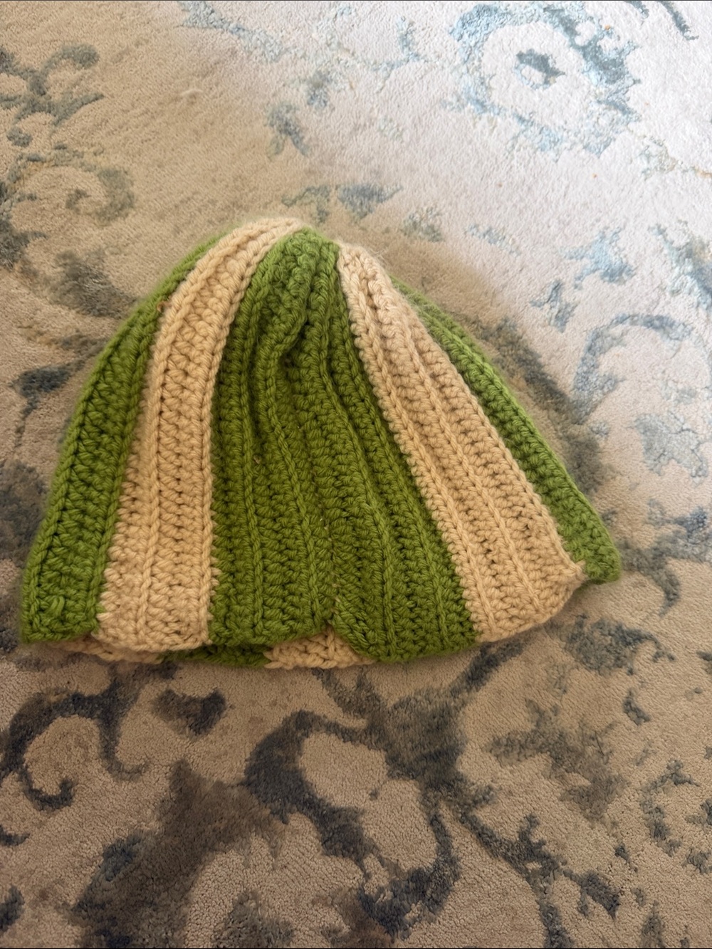 Striped Crochet Beanie Hat in Green and Cream - Women Accessories